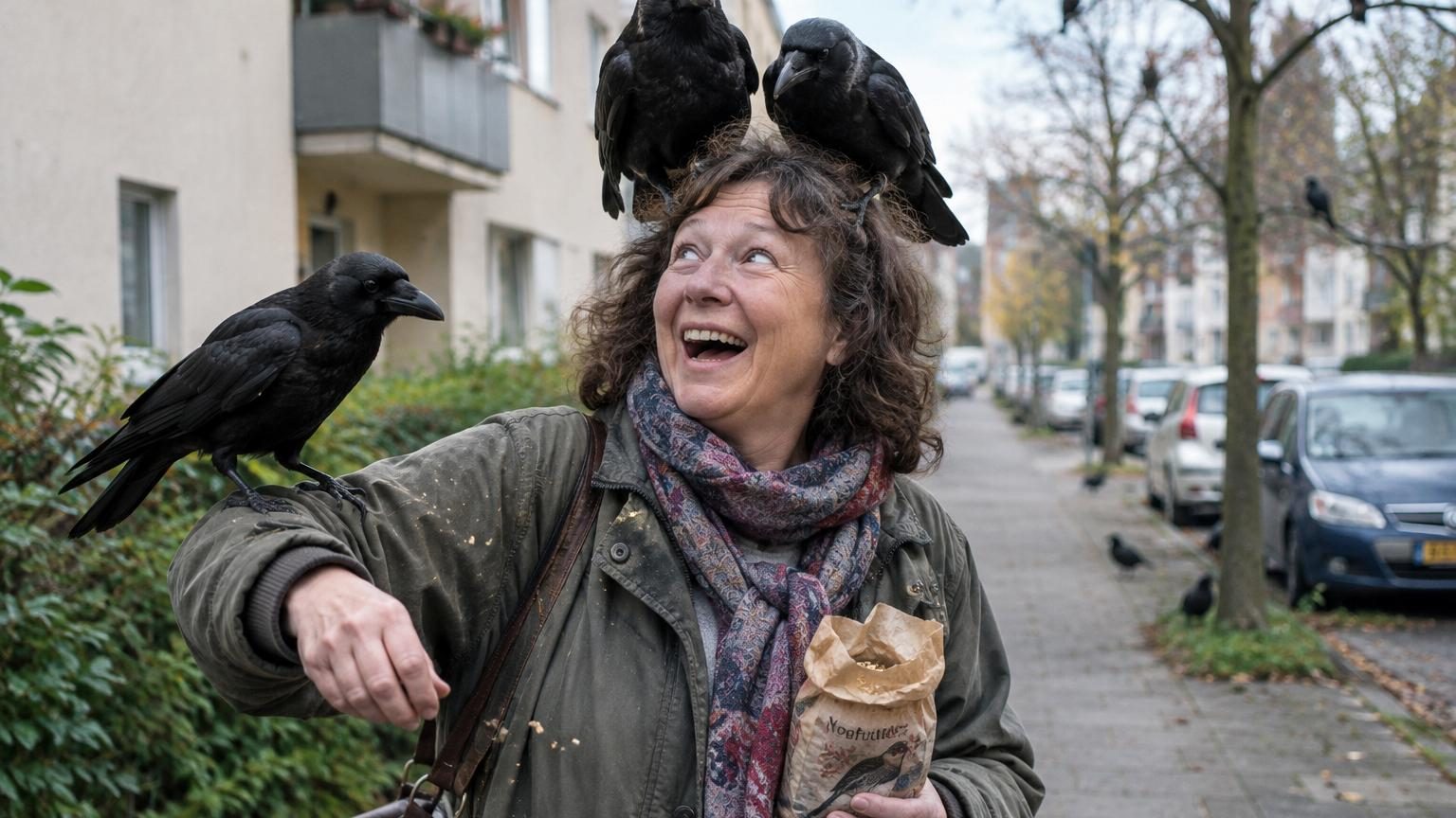 Elle nourrit les corbeaux de son quartier pendant des mois : aujourd&rsquo;hui, ils se posent sur sa tête chaque jour