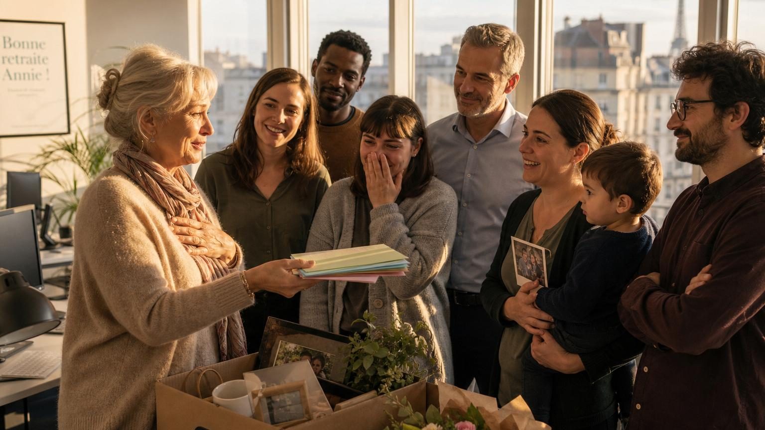 Une femme salariée quittant son bureau après 43 ans de carrière, laissant derrière elle des jours de congé à partager avec ses collègues en signe de transmission et de solidarité professionnelle.
