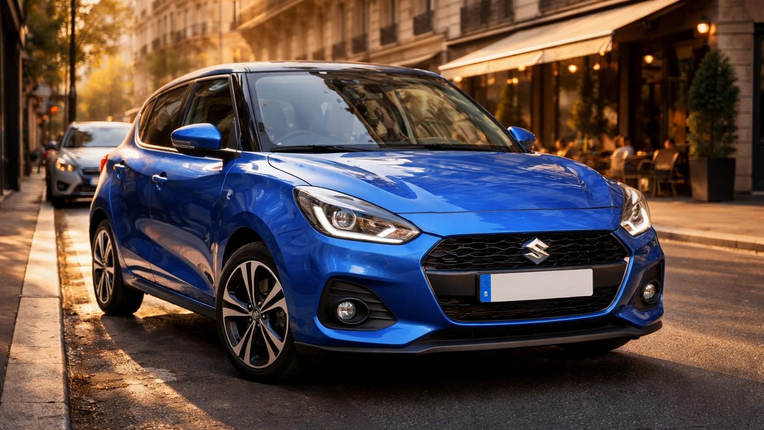 Suzuki Swift compacte vue de trois-quarts face sur fond urbain, mettant en avant sa silhouette légère et son style citadin moderne.