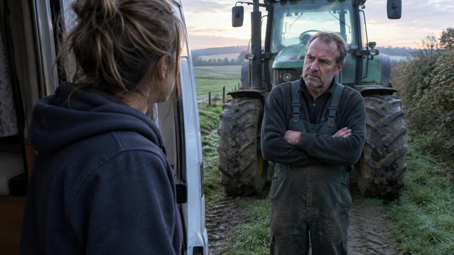 Une femme ouvre la porte de son camping-car au petit matin et découvre un énorme tracteur stationné à quelques mètres, avec un agriculteur attendant derrière.