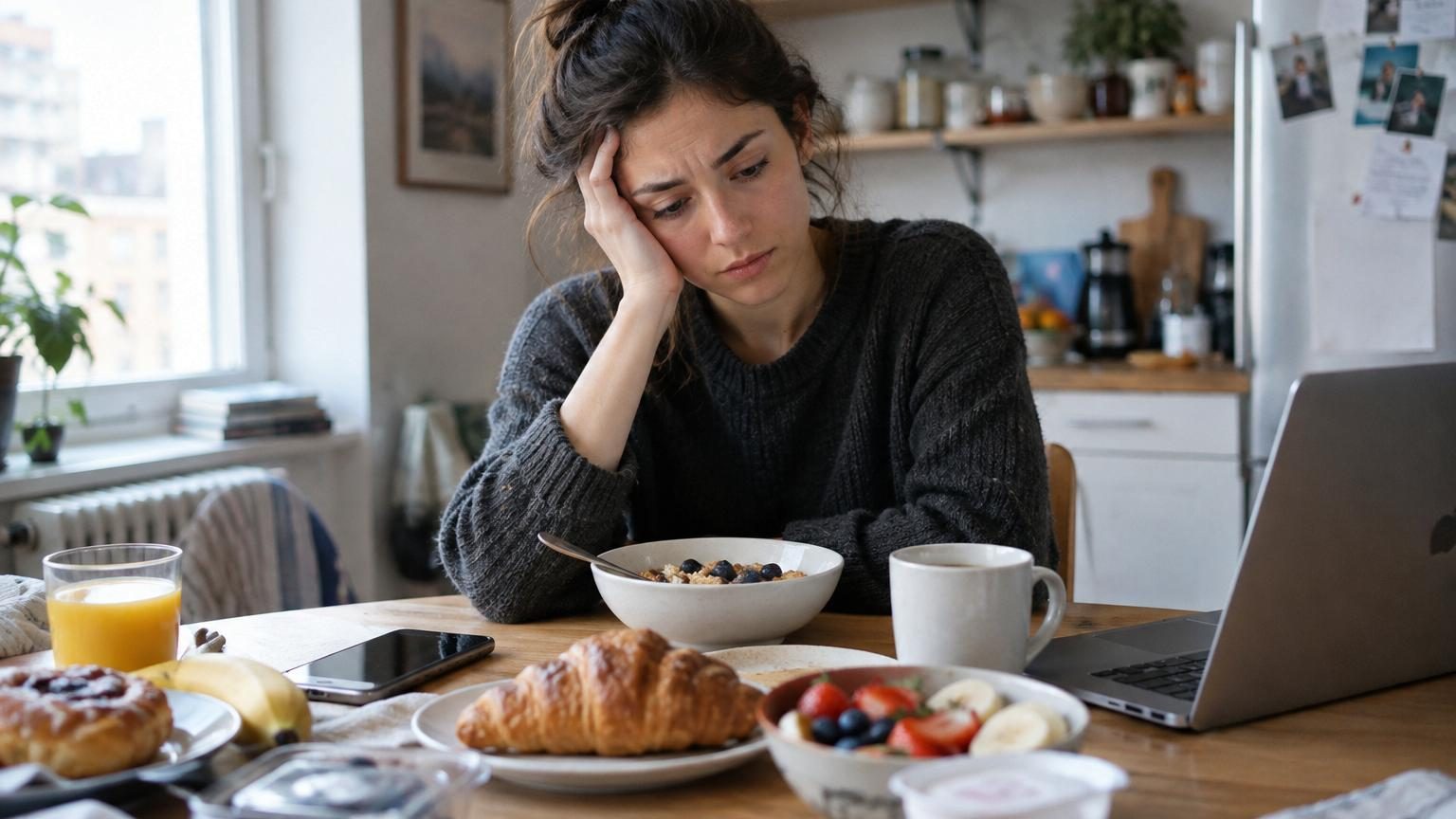 Femme souriante avec main sur la poitrine, regardant lointain, figurant l'apaisement mental et la maîtrise du dialogue intérieur