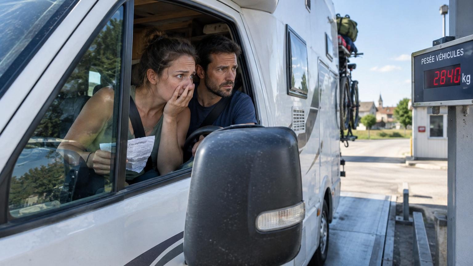 Une femme et un homme regardent l'écran d'une bascule affichant le poids de leur camping-car chargé pour les vacances, expression d'inquiétude face à la surcharge détectée.