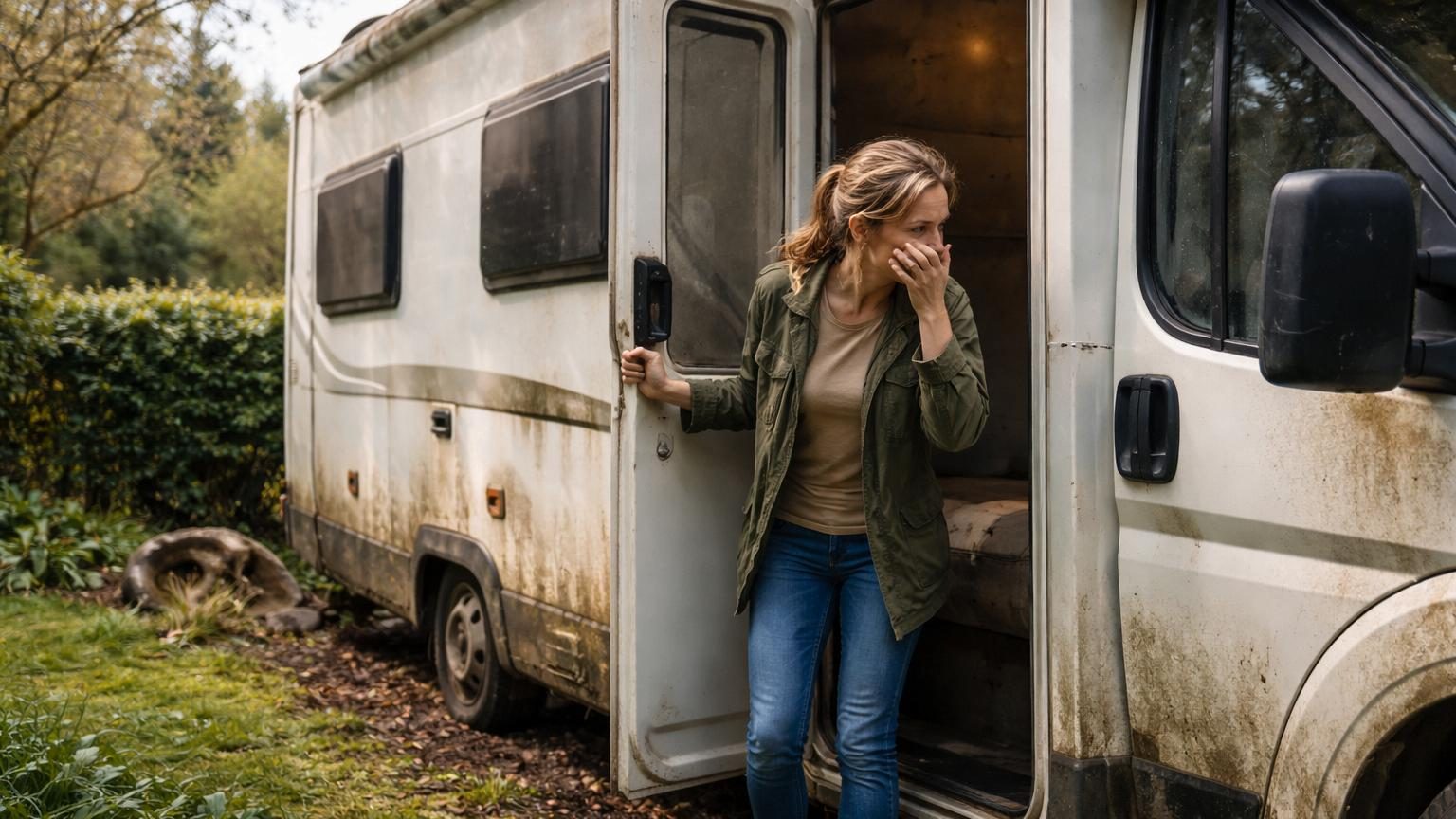Camping-car garé dans un jardin avec feuilles d'automne tombées sur le toit, illustration de négligence saisonnière