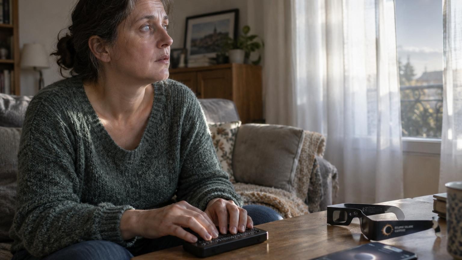 Femme de 45 ans regardant le ciel lors d'une éclipse solaire sans protection, symbole du moment où les dégâts visuels invisibles se produisent sans douleur.