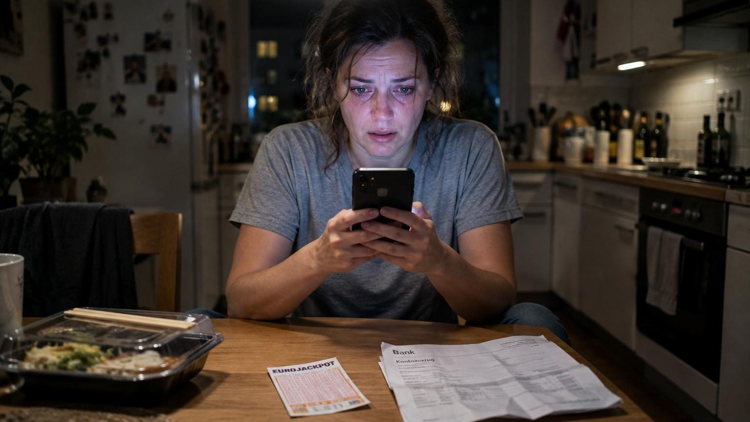 Femme regardant son téléphone dans une cuisine moderne, écran affichant une application d'investissement avec des graphiques verts montants, expression de confiance passant à l'inquiétude.