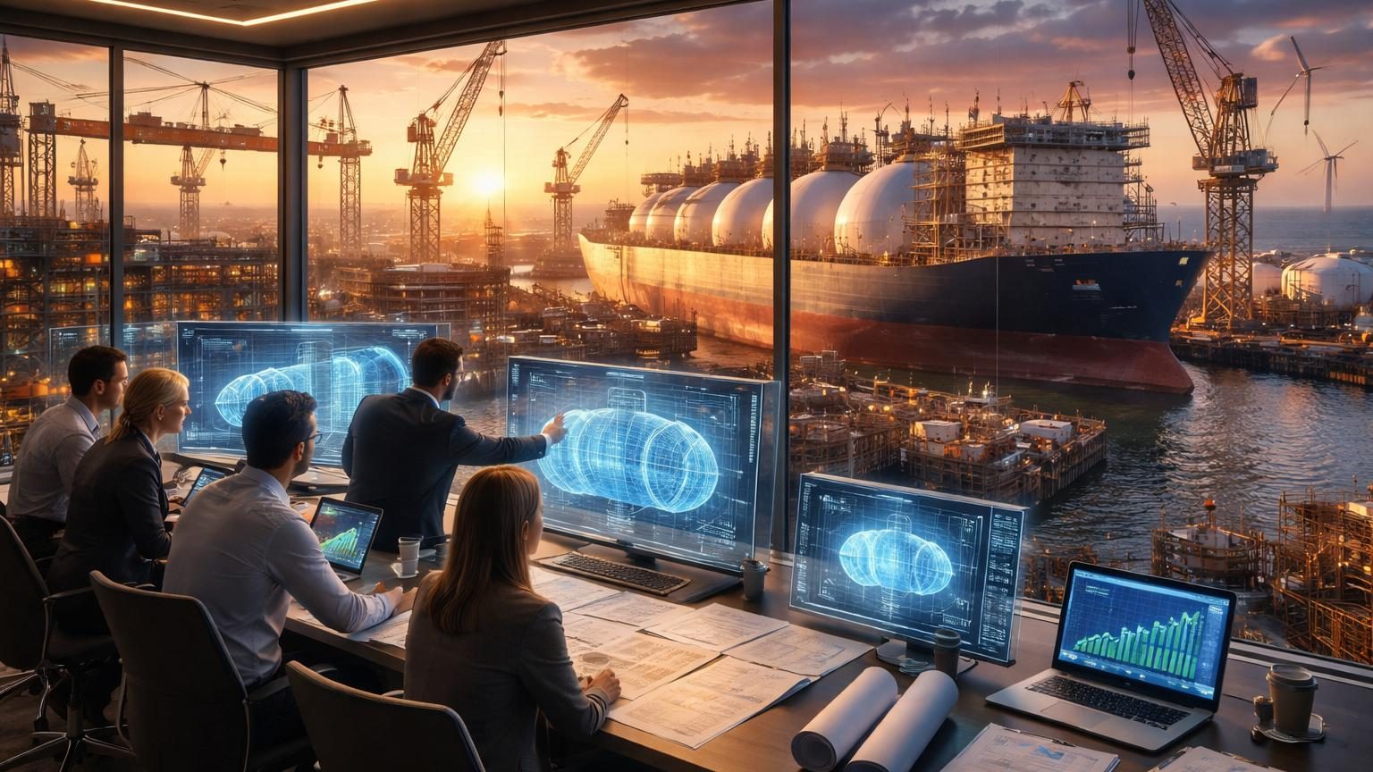 Illustration symbolique d'un méthanier en mer ou d'une technologie brevetée de confinement de gaz liquéfié, représentant le modèle d'ingénierie français