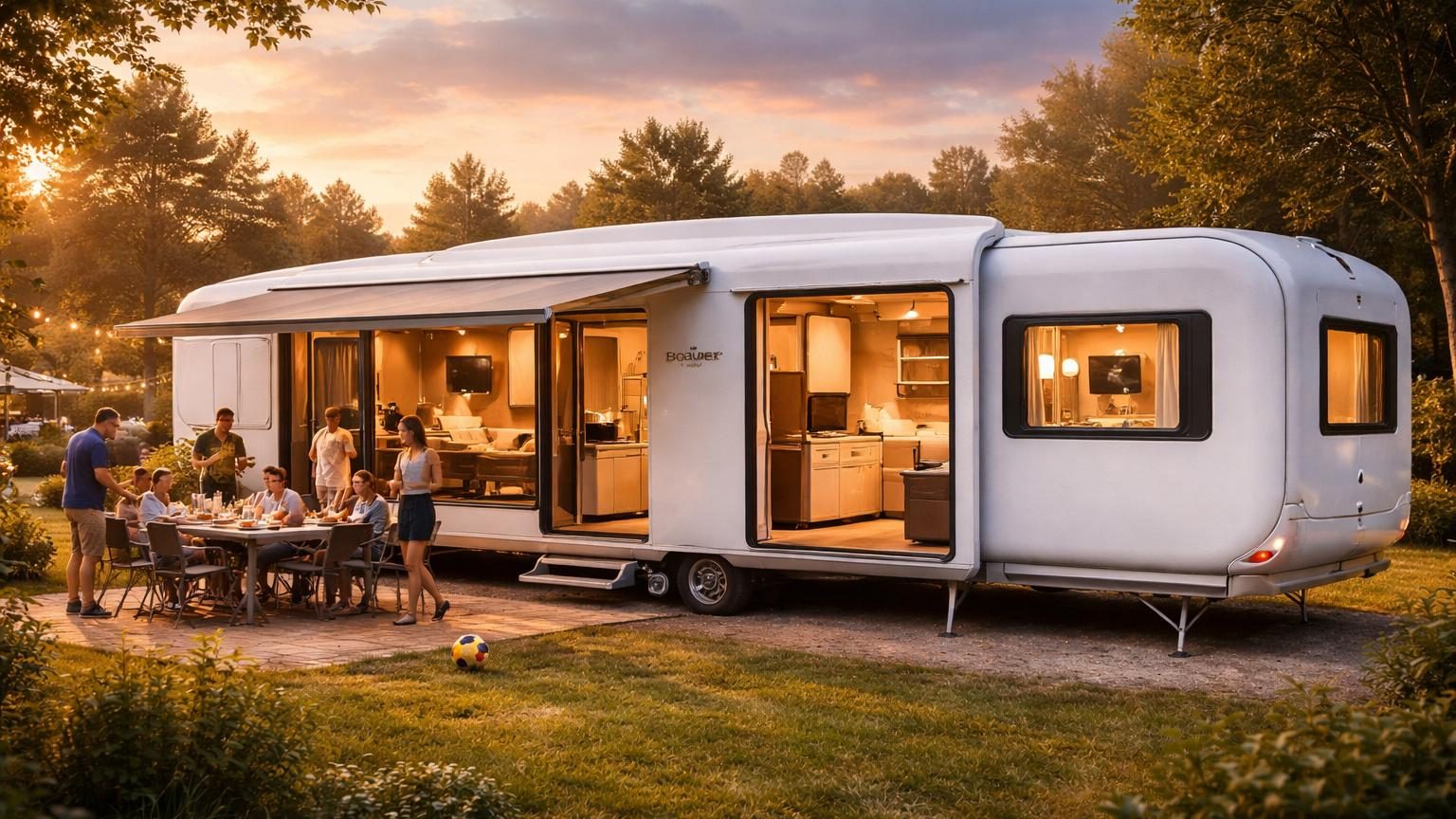 Caravane Beauer X8 déployée au camping avec ses trois modules extensibles sortis latéralement, affichant une largeur maximale de 4,8 mètres et plus de 30 m² d'espace habitable, salon et cuisine visibles par les baies latérales.
