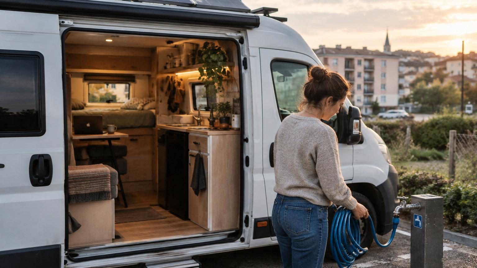 Camping-car blanc compact garé en bas d'un immeuble urbain, avec panneaux solaires visibles sur le toit, fenêtres illuminées par la lumière chaude de LED, symbolisant l'autonomie énergétique et l'habitat minimaliste
