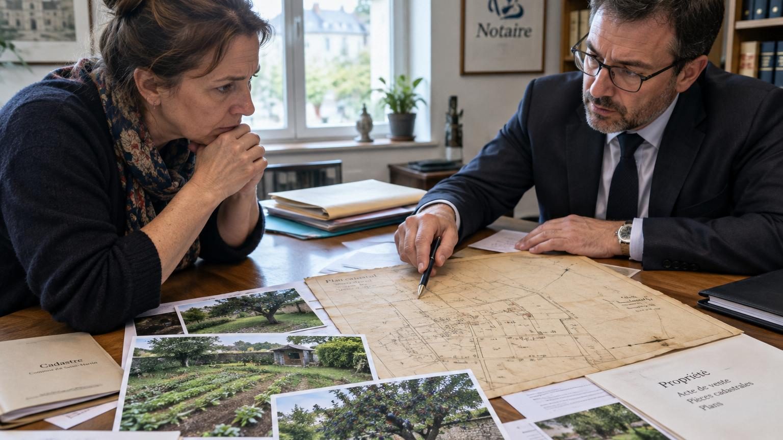 Intérieur d'un bureau de notaire avec deux personnes assises face à un plan cadastral jauni et des documents d'acte de propriété sur un bureau en bois massif