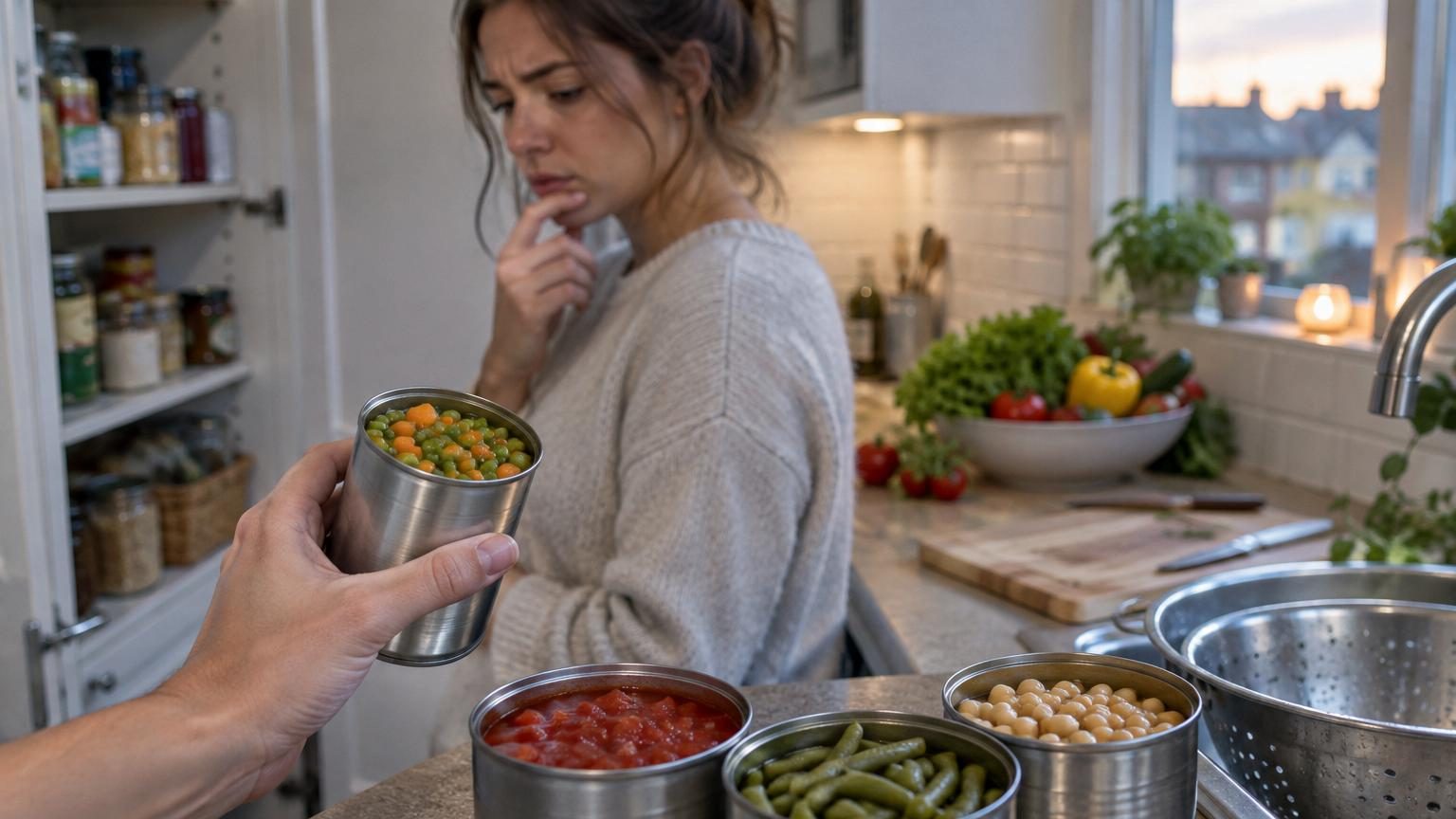 Intérieur d'un placard avec diverses boîtes de conserve de légumes et fruits colorés, rangées sur des étagères, éclairage naturel.