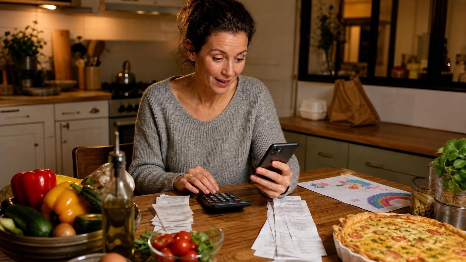 Une pile de tickets de caisse étalée sur une table de cuisine, symbole du suivi des dépenses alimentaires quotidiennes et des petits achats qui s'accumulent.