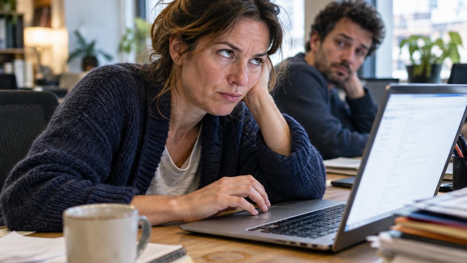 Personne assise à un bureau tapant un courriel professionnel sur un clavier d'ordinateur, avec des symboles de politesse et d'émojis visibles autour de l'écran