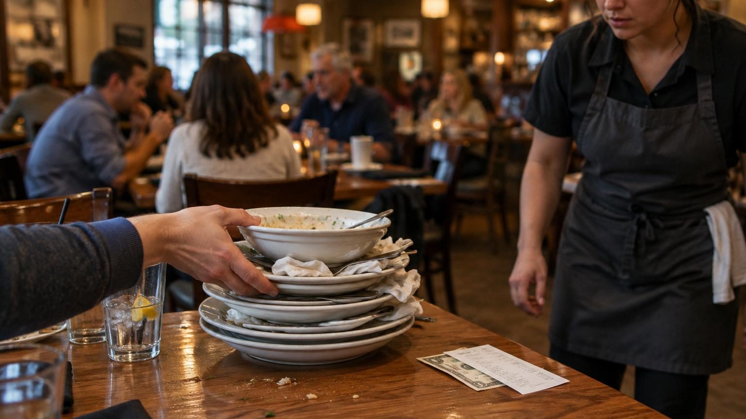Gros plan sur une table de restaurant avec assiettes empilées maladroitement, couverts coincés et serviettes froissées au sommet d'une pile instable.