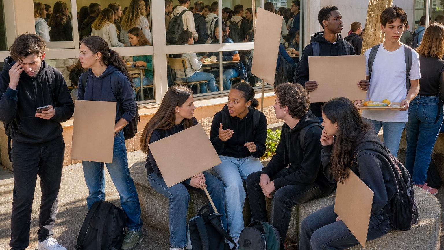 Couloir de lycée avec élèves circulant entre les cours, illustrant l'organisation du temps scolaire et les conditions d'apprentissage