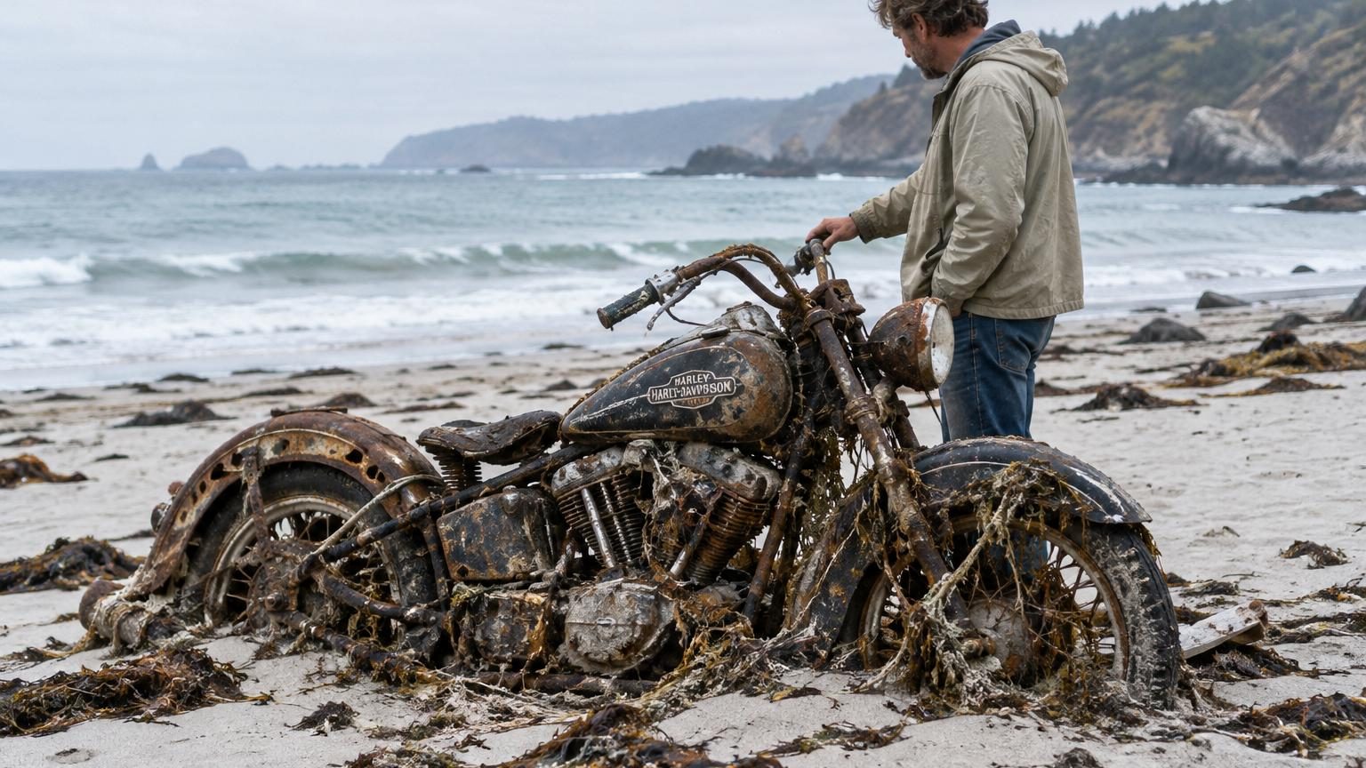 Une Harley-Davidson rouillée et abîmée par l'eau salée, découverte dans un conteneur métallique rejeté sur une plage canadienne, avec sa plaque d'immatriculation japonaise encore visible parmi les débris.