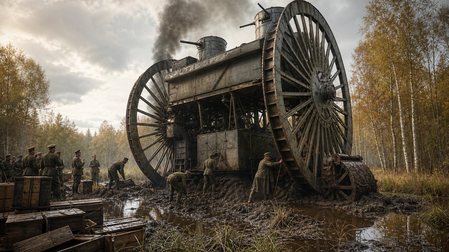 Gravure historique en noir et blanc montrant des hommes minuscules auprès des roues géantes du char du tsar Lebedenko, enlisté dans la boue d'une clairière russe en 1915.