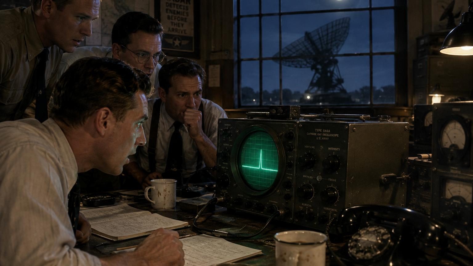 Laboratoire des années 1940 avec oscilloscope à tube cathodique affichant une ligne verte pulsée, antenne géante pointée vers le ciel nocturne illuminé par la Lune, ingénieurs attentifs aux instruments.