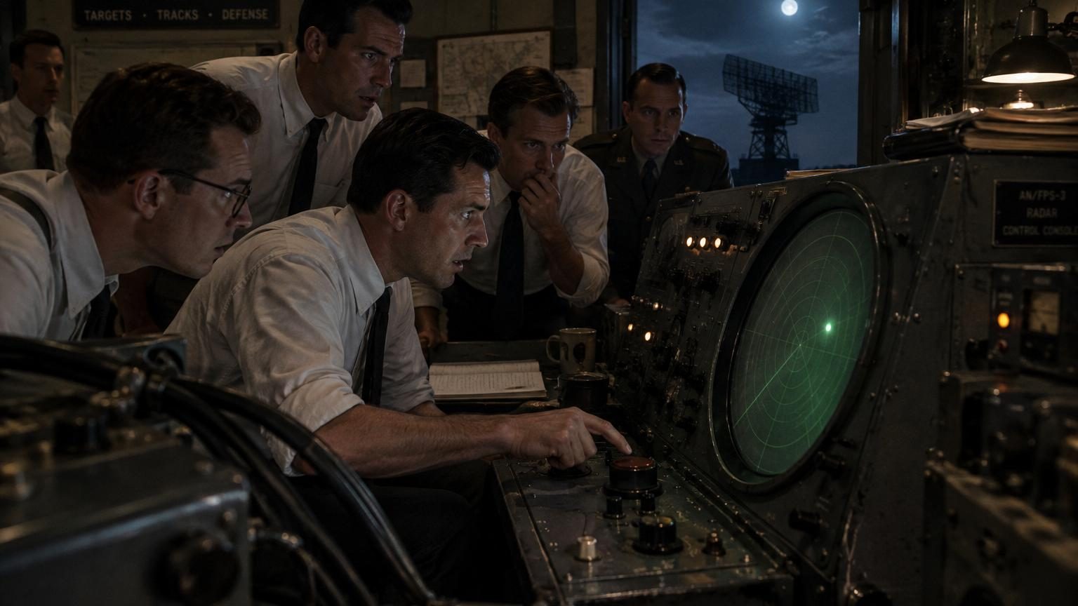 Des ingénieurs en chemise blanche et cravate observent un écran radar vert qui affiche un écho lumineux en janvier 1946, moment où l'impulsion envoyée vers la Lune revient sur l'oscilloscope.