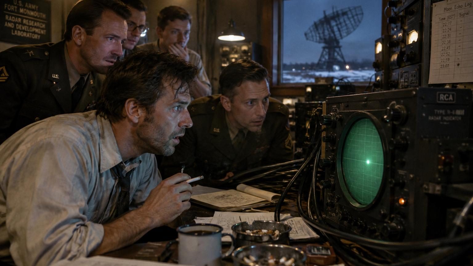 Ingénieurs en chemise froissée observant un oscilloscope vert pâle dans un hangar glacial, avec une antenne radar géante pointée vers le ciel nocturne du New Jersey en 1946.