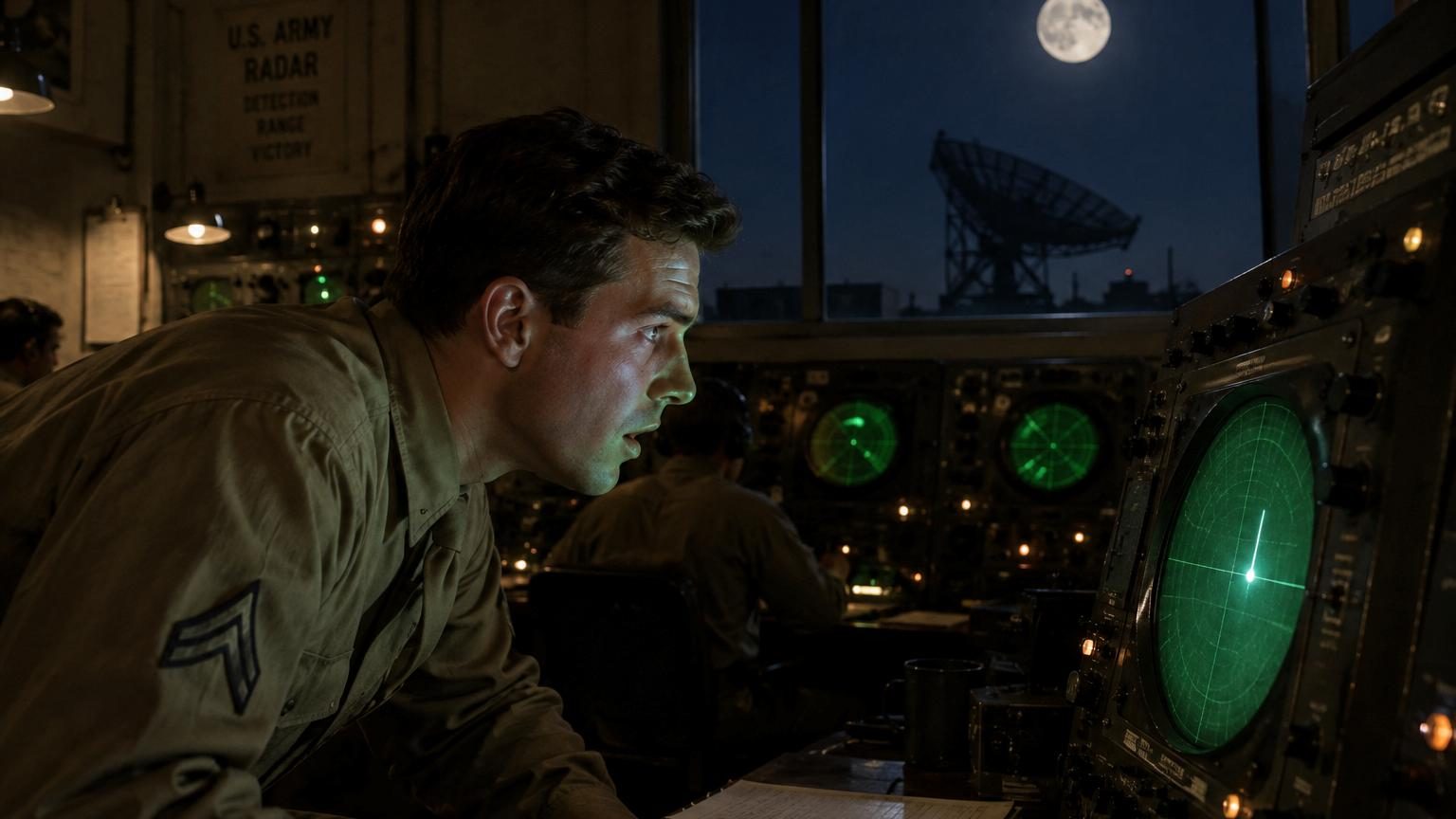 Oscilloscope vert pâle affichant une impulsion radar, avec des ingénieurs en uniforme militaire observant l'écran dans un laboratoire équipé d'antennes géantes et de câbles électriques, scène historique de janvier 1946.