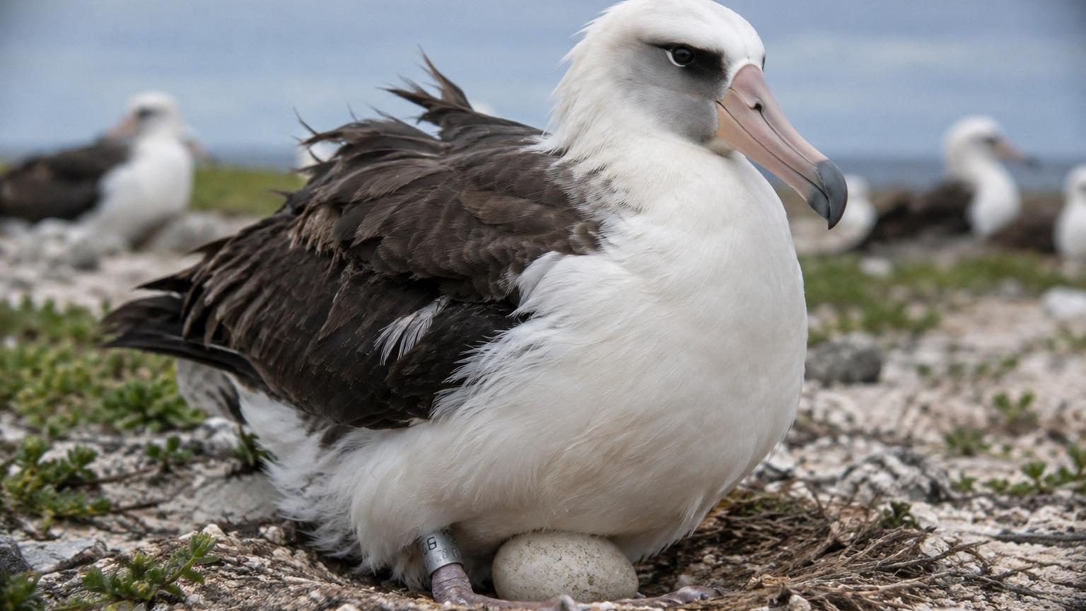 Une albatros blanche et noire âgée, au regard noir concentré, couvant un œuf blanc sur son nid face au vent de l'océan Pacifique.