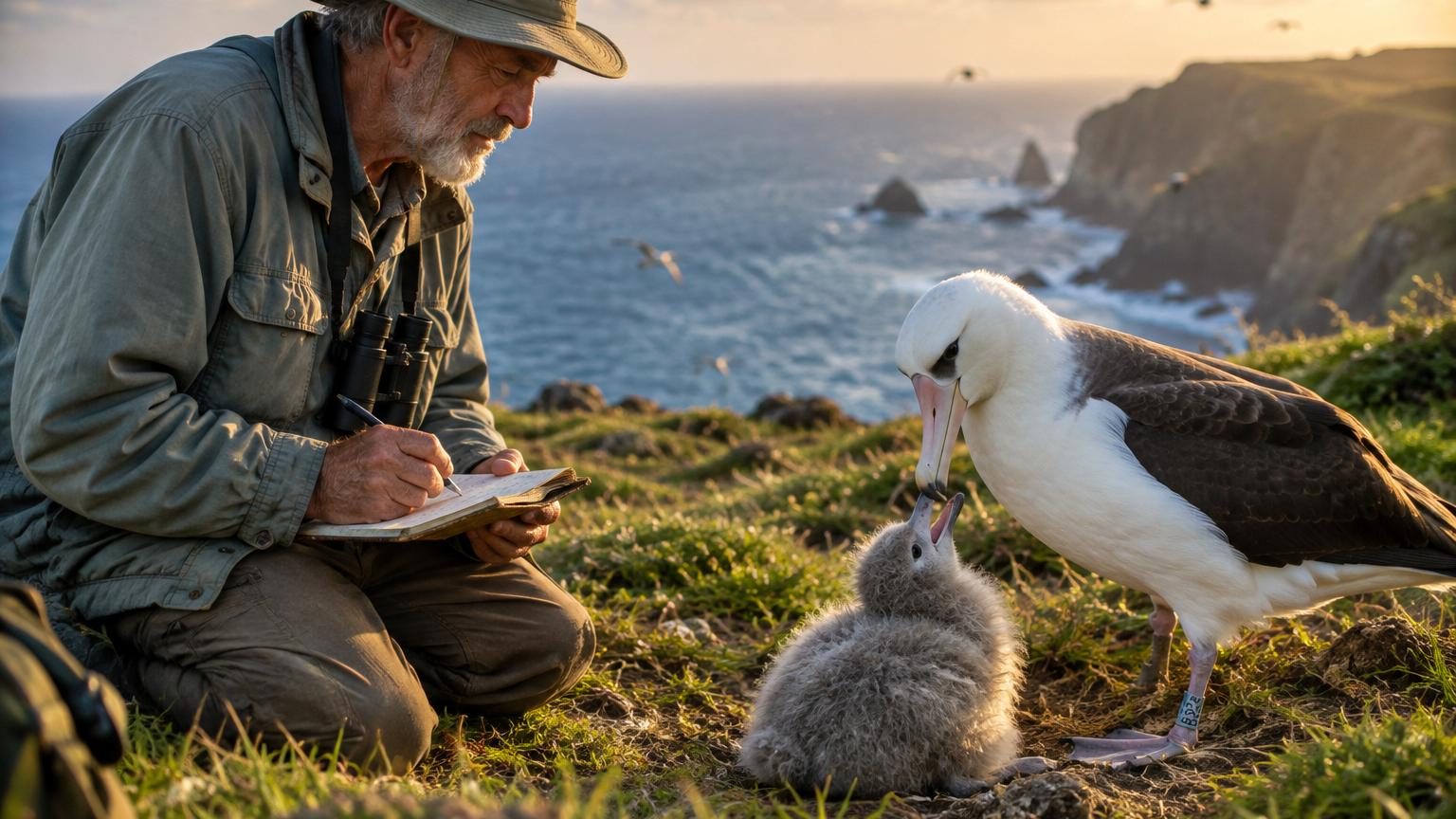 Un biologiste en chemise claire s'agenouille dans la poussière volcanique et glisse un anneau métallique autour de la patte d'un grand albatros blanc au regard calme.