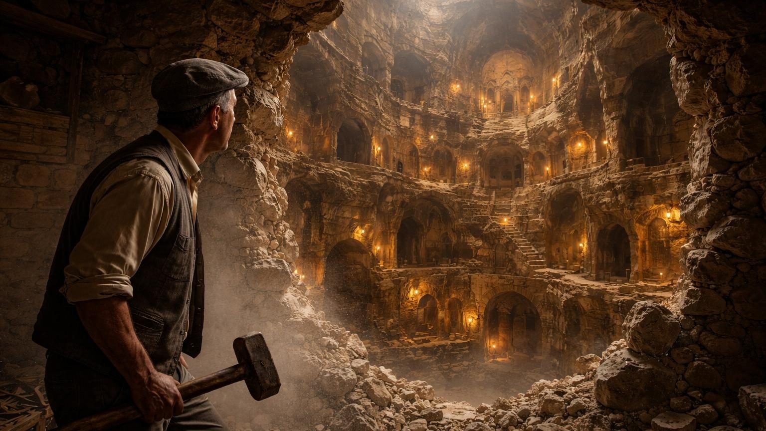Entrée de la cité souterraine de Derinkuyu creusée dans la roche volcanique de Cappadoce, avec des galeries et des escaliers taillés dans le tuf volcanique sur plusieurs niveaux.