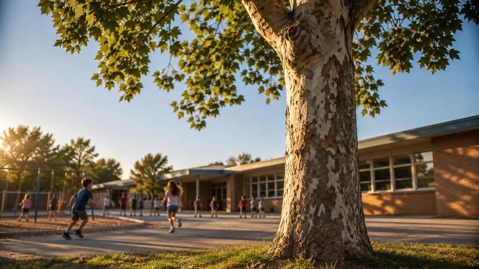 Un arbre mature dressé seul devant un bâtiment scolaire banal, ses racines ancrées dans une pelouse ordinaire, illustrant l'histoire secrète de son voyage autour de la Lune.