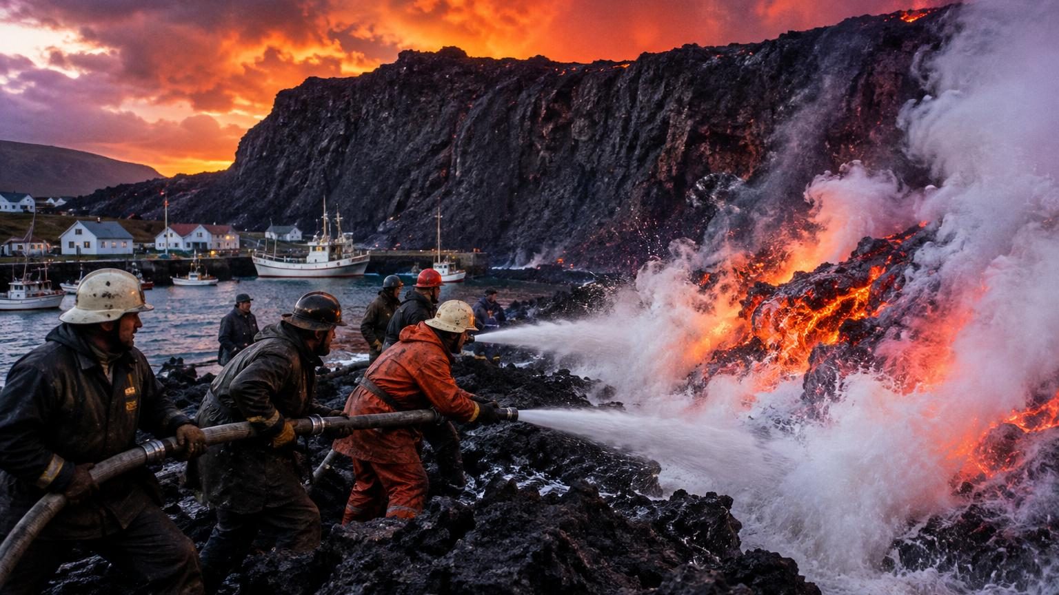 Coulée de lave rouge incandescente s'écoulant vers des habitations côtières, avec des silhouettes humaines minuscules face à ce mur de feu