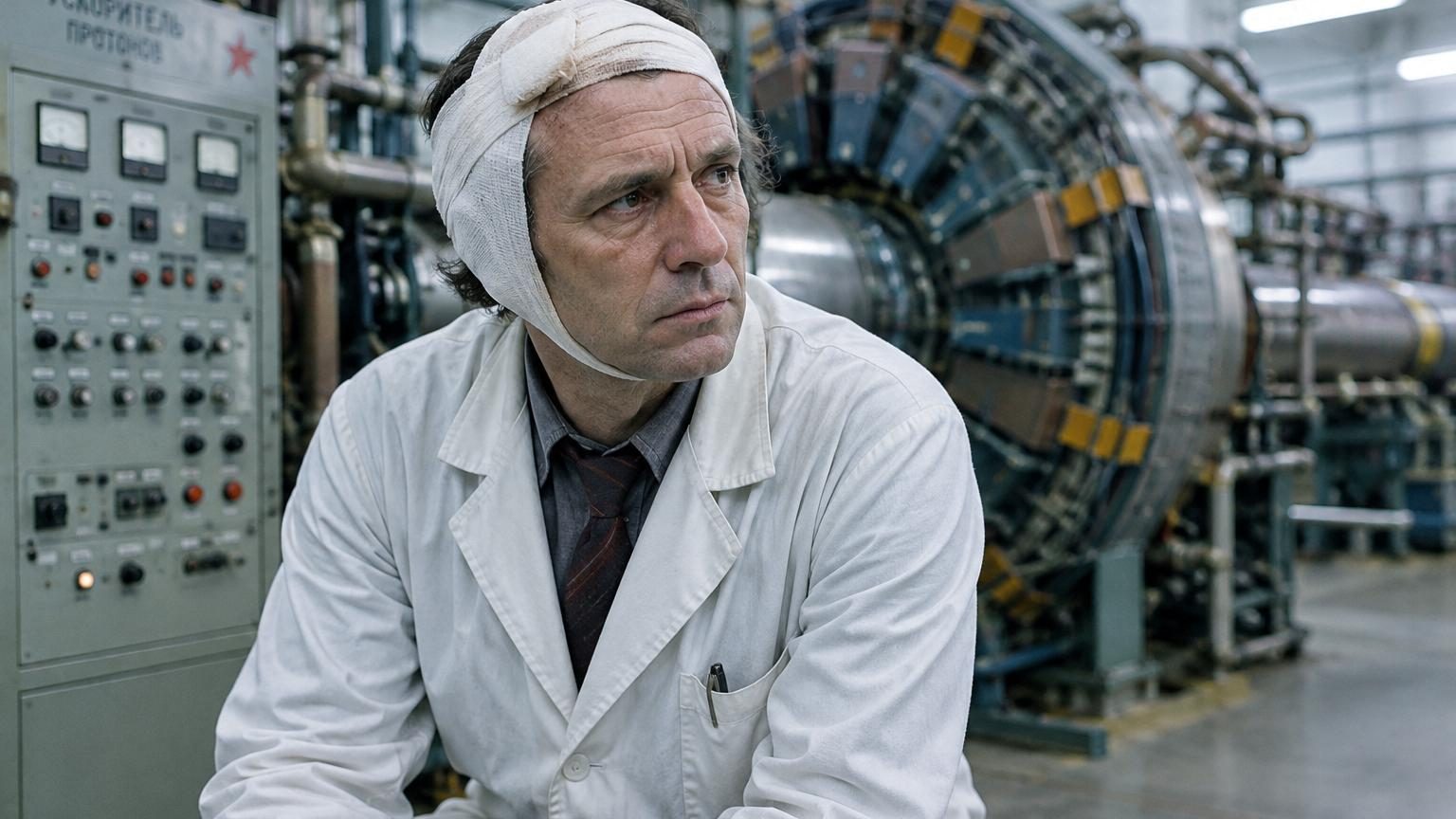 Portrait d'Anatoli Bugorski montrant l'asymétrie de son visage, marqué par les brûlures et la paralysie faciale gauche suite à la traversée du faisceau de protons en 1978.