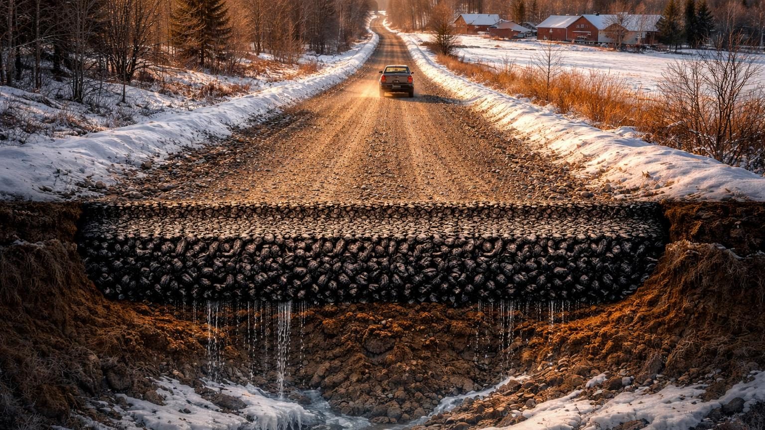 Vue aérienne d'une route rurale en gravier du Maine avec des sections de chaussée marquant les différentes expériences d'enfouissement de pneus broyés, capteurs de mesure discrets sous la surface.