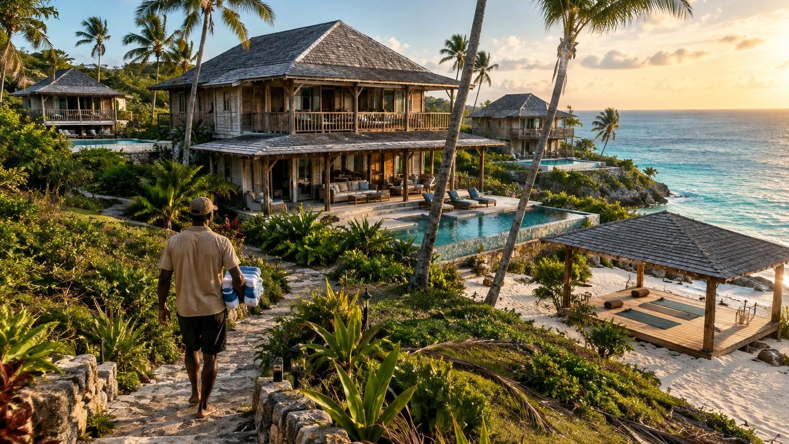 Vue aérienne d'un domaine côtier de luxe aux Turks-et-Caïcos avec trois villas en bois, piscines bleu turquoise et plage de sable blanc bordée de palmiers.