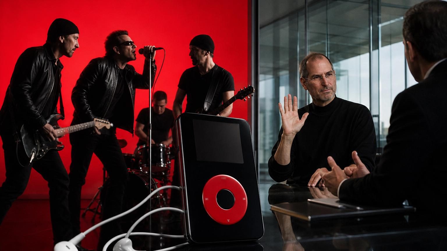 Silhouettes colorées dansant avec un iPod U2 noir et rouge sur fond vibrant, représentant la campagne publicitaire iconique d'Apple mettant en avant le groupe irlandais.