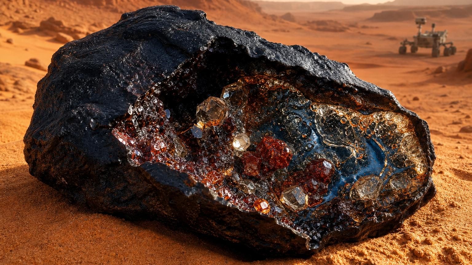 Gros plan sur une roche noire brillante (la météorite Northwest Africa 7034) avec ses cristaux visibles, reposant sur une surface de laboratoire scientifique