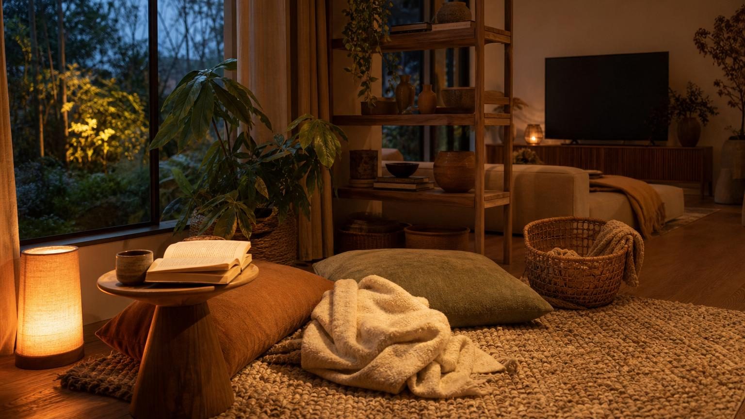 Un coin douillet du salon avec un fauteuil beige, des coussins, un plaid naturel, une lampe chaude et une plante verte, séparé du reste de la pièce par un tapis.