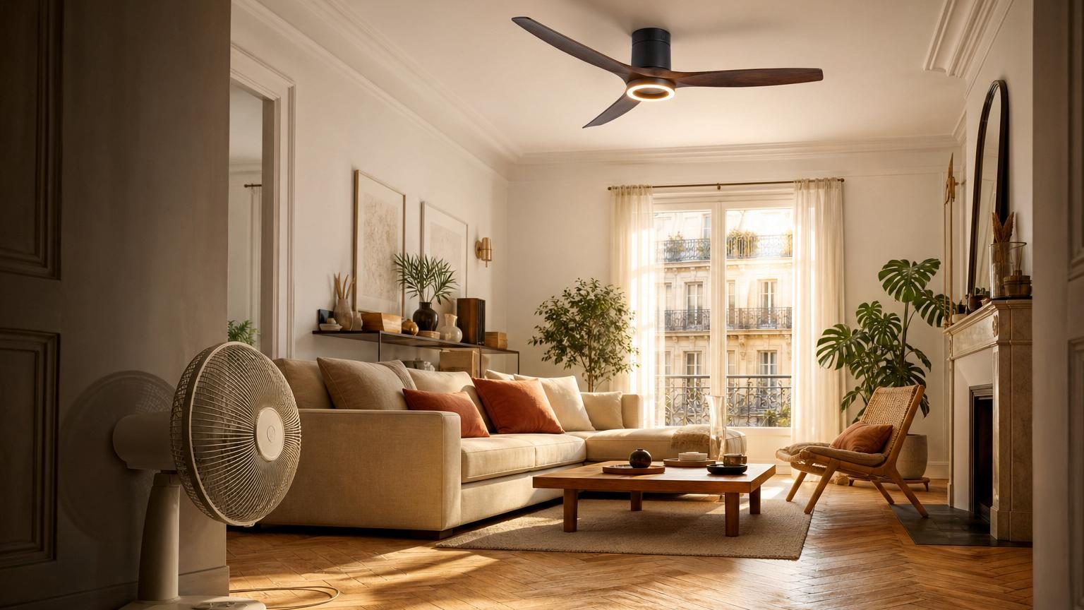 Un plafonnier ventilateur moderne au plafond d'un salon, avec des pales discrètes et éclairage LED intégré, créant une ambiance épurée sans encombrement au sol.