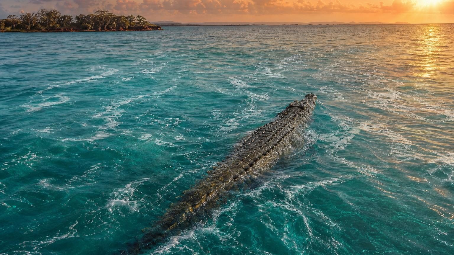 Un crocodile marin traversant les eaux côtières australiennes en utilisant les courants marins pour se déplacer sur de longues distances.