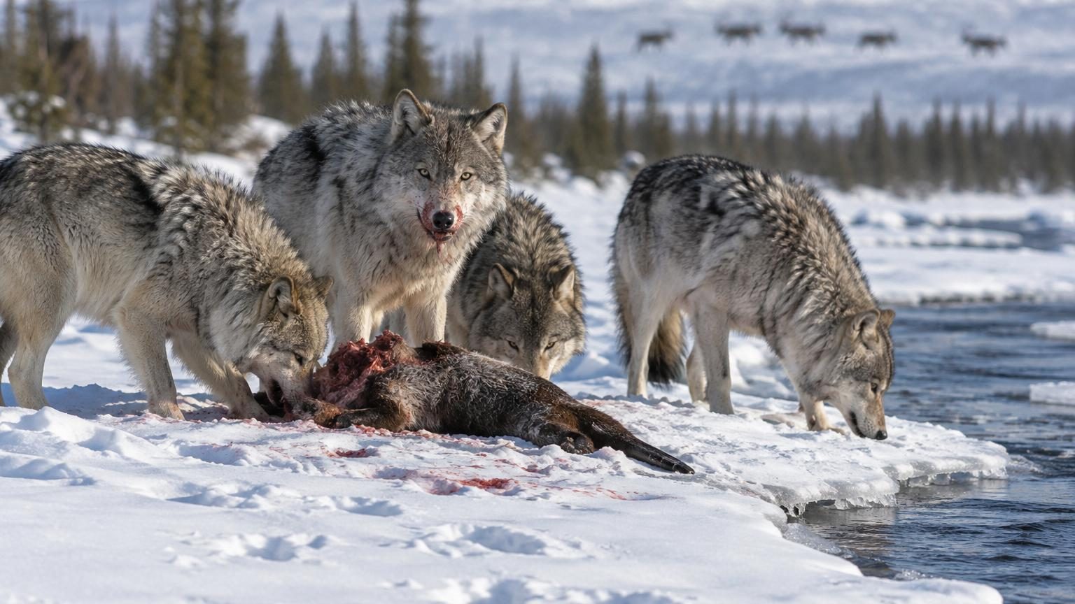 Carcasse de loutre découverte sur la neige d'Alaska entourée d'empreintes de loups.