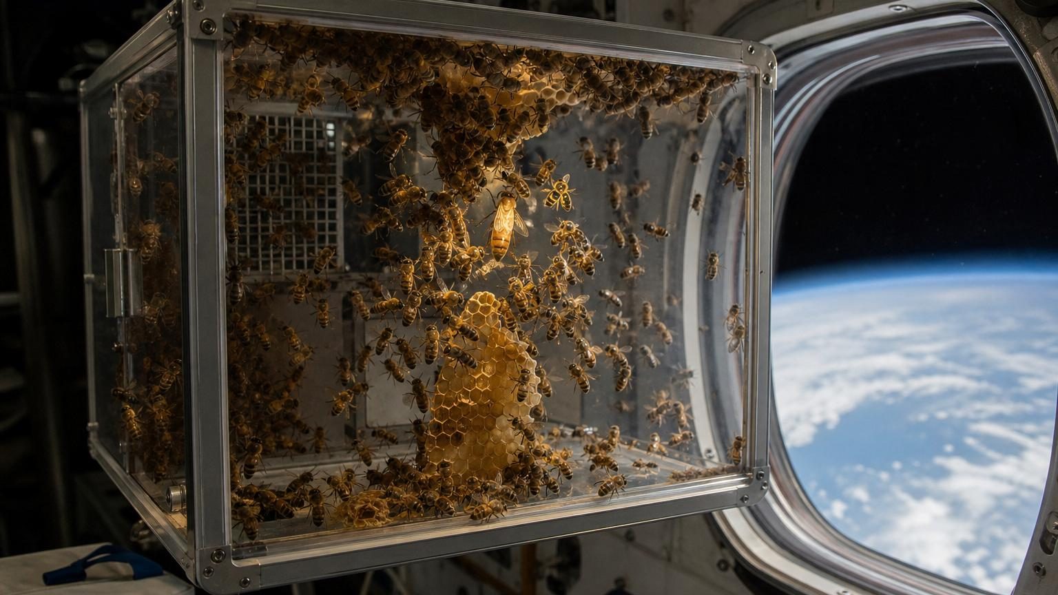 Une colonie d'abeilles construit des rayons hexagonaux en cire à l'intérieur d'un habitat transparent flottant en microgravité à bord de la navette Challenger.