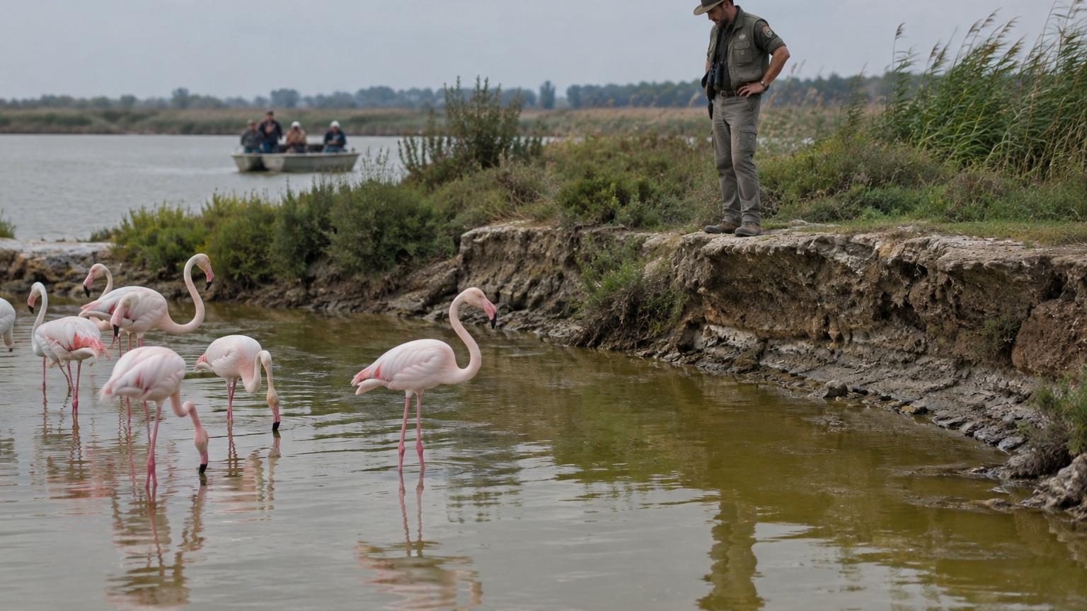 Flamants roses penchés dans un étang peu profond de Camargue, l'eau calme reflétant le ciel bleu, horizon de marais.