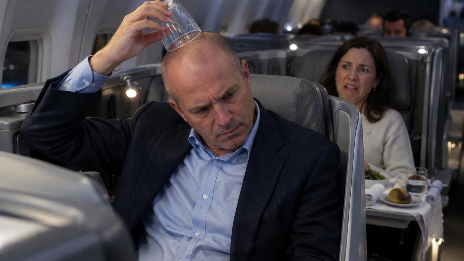 En classe affaires, il attrape son verre à eau et le passe sur son crâne : la scène relance le débat sur les règles de savoir-vivre en avion