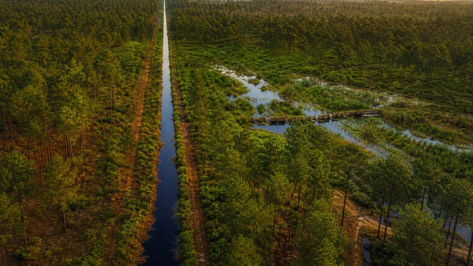 Fossé droit bordant une route forestière dans les Landes, couvert d'aiguilles de pin rousses et de fougères, illustrant le réseau de drainage du massif landais.