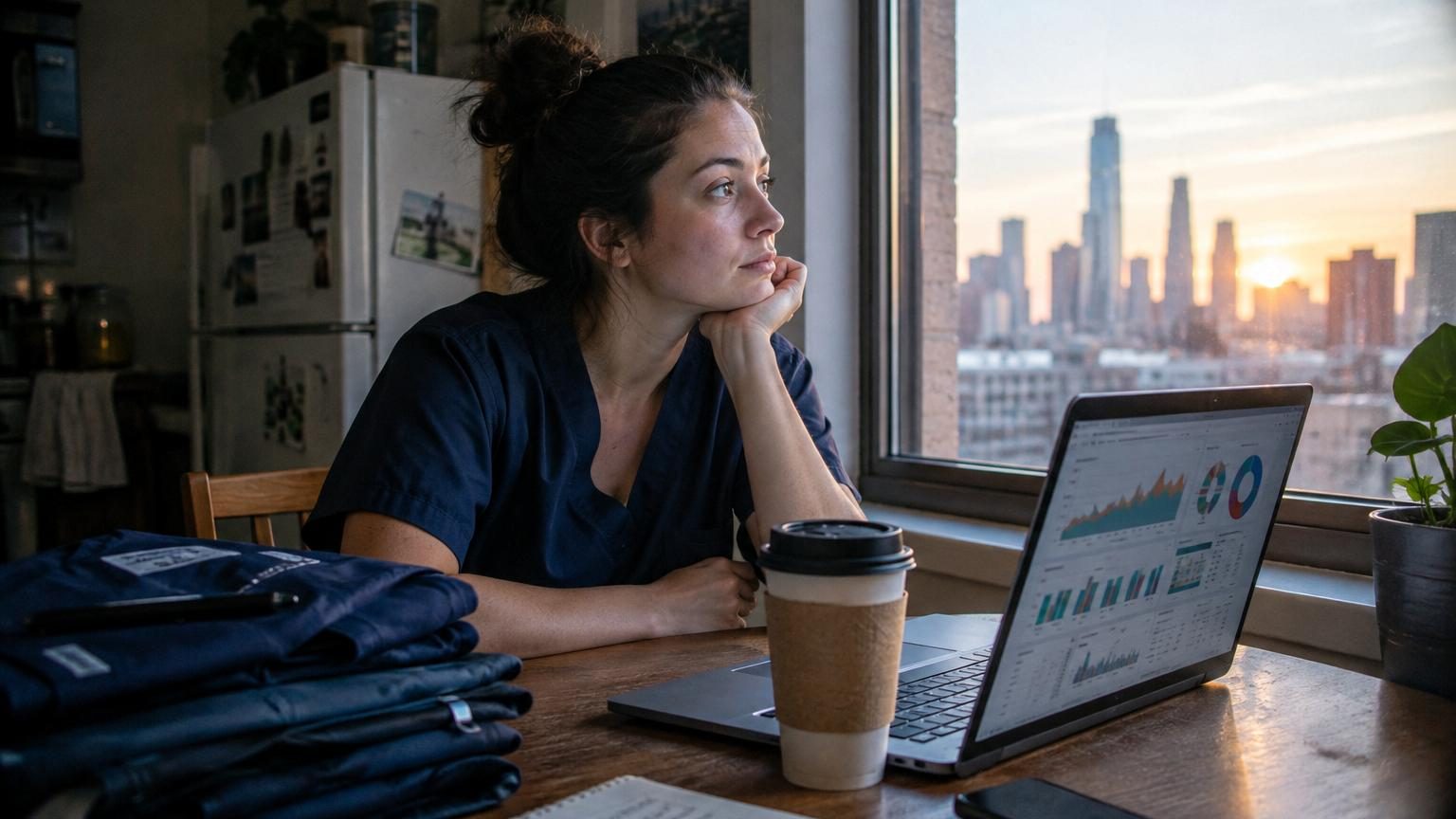 Jeune femme dans une petite chambre encombrée, devant un ordinateur et un tableau Excel affiché au mur, préparant son premier shift de la journée avant l'aube.