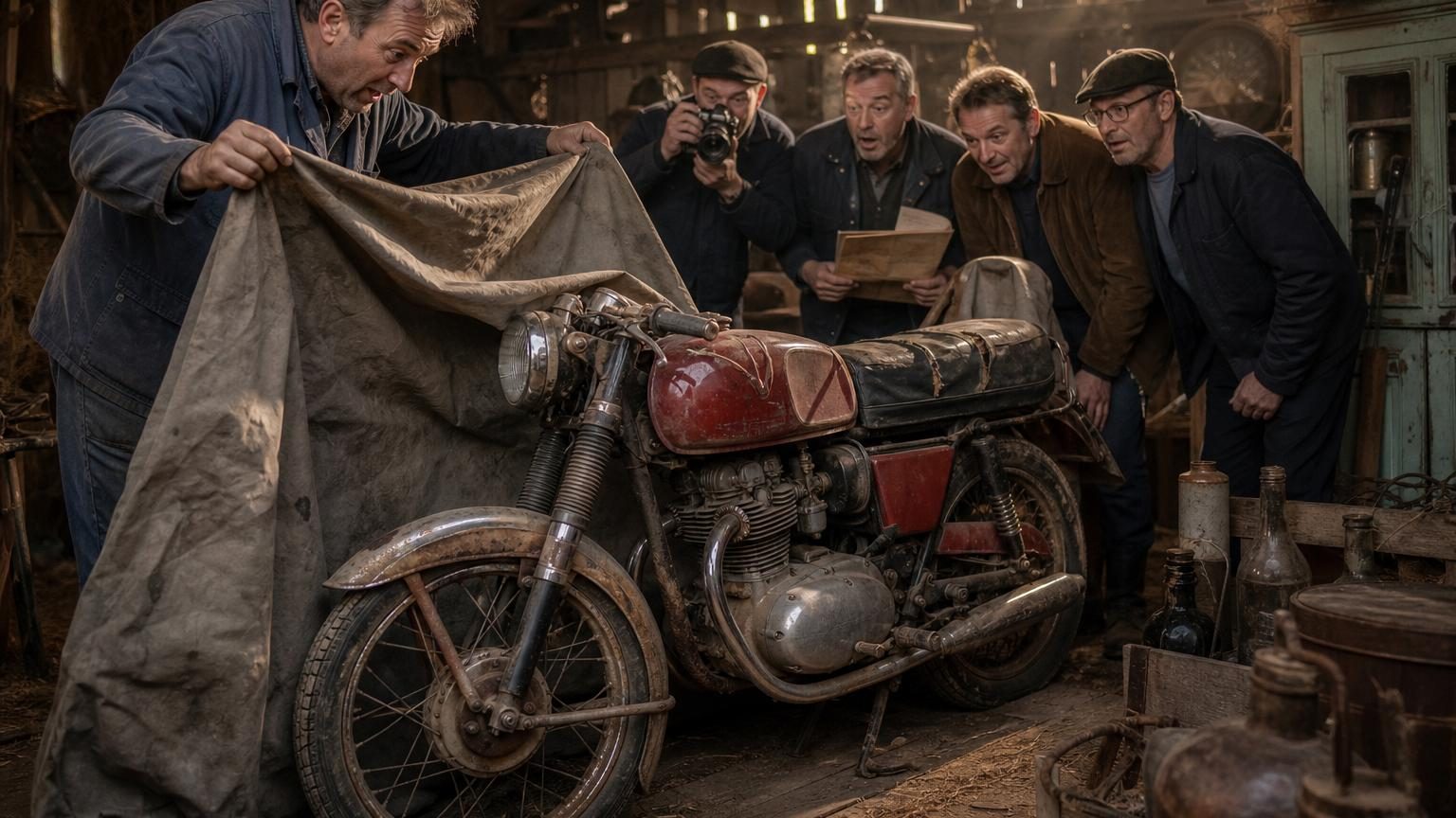 Moto ancienne rouge couverte de poussière, soulevée sous une bâche grise dans une vieille grange rustique, entourée d'outils rouillés et de débris accumulés depuis 1974.