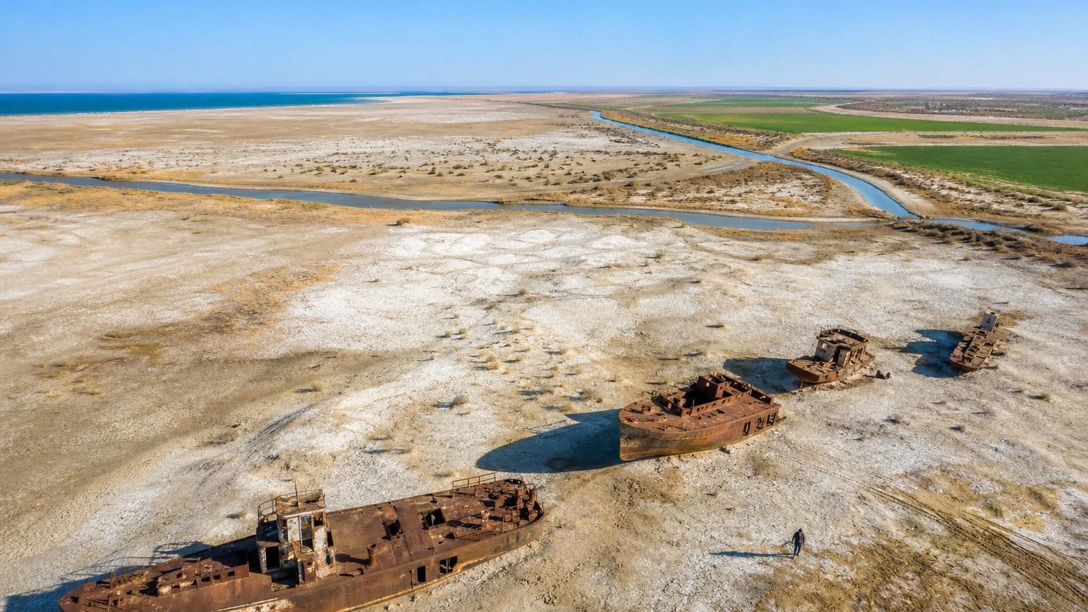Carcasses rouillées de bateaux échoués sur un sol blanc et craquelé, désert de sel de la mer d'Aral asséchée, à Aralsk au Kazakhstan, paysage désertique s'étendant à l'horizon sans eau