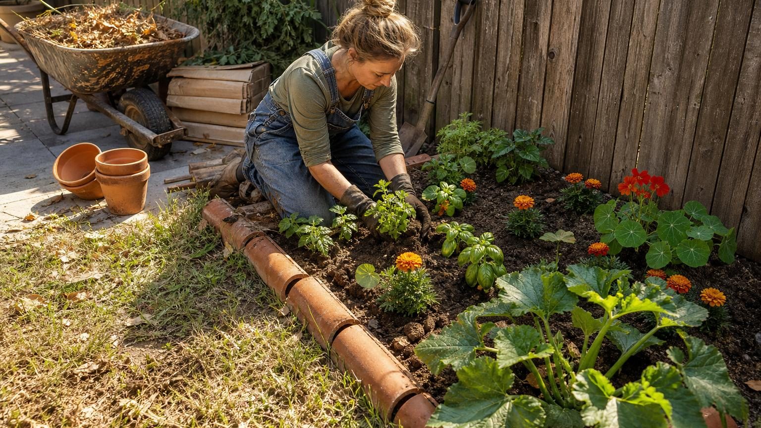 Jardin potager nouvellement créé avec zones délimitées par des tuiles, plantations éparses de basilic et courgettes sur lit de cartons et feuilles mortes, clôture en arrière-plan.