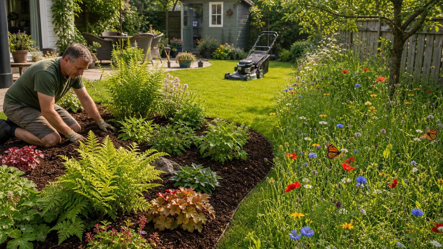 Marc debout dans son jardin transformé, avec des massifs paillés en bordure, des vivaces robustes, et une petite zone de pelouse facile à tondre au centre.