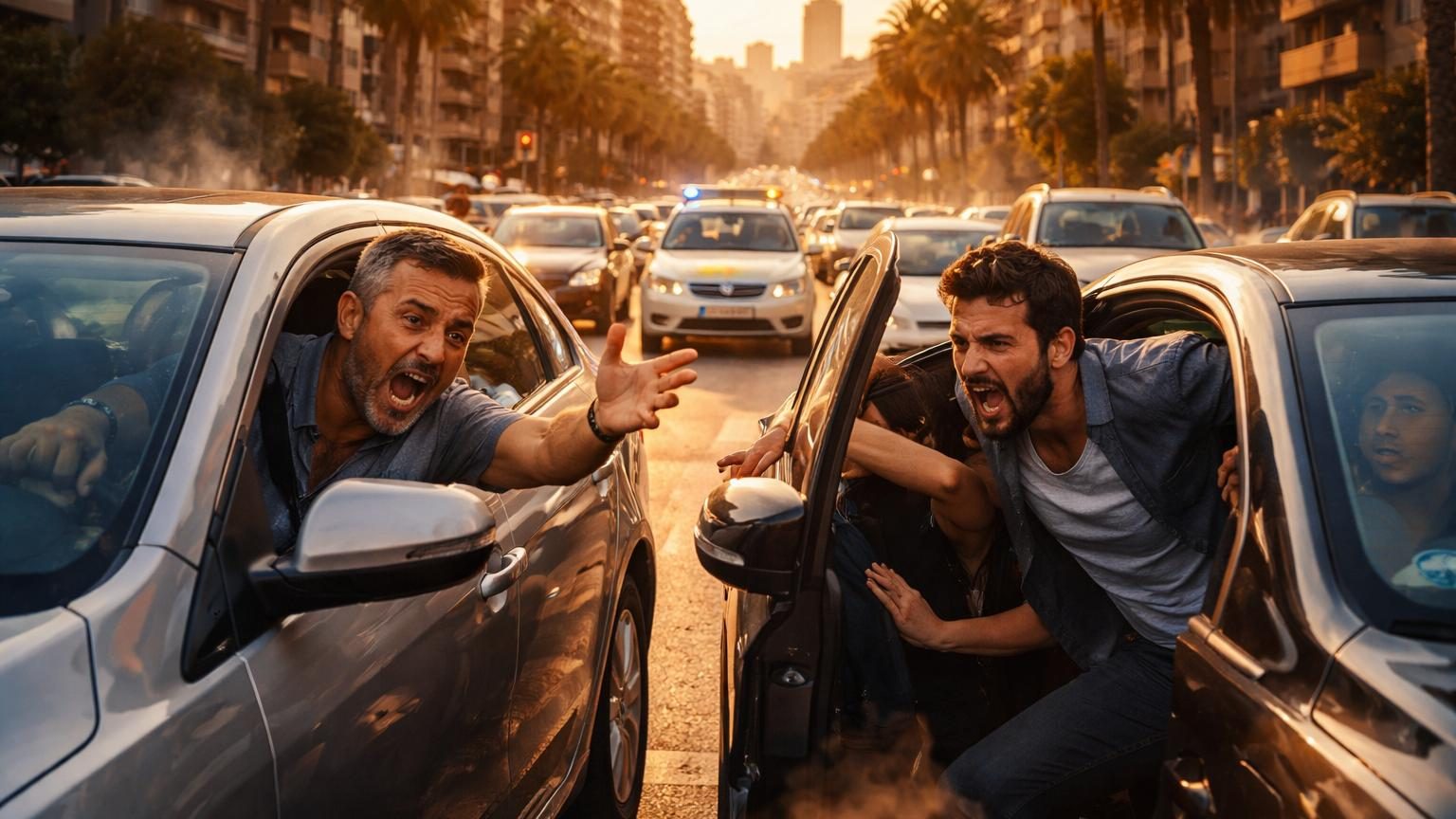 Automobiliste au volant d'un véhicule, visage tendu et agressif, exprimant de la colère en tenant le volant avec force, illustrant les comportements violents au volant en Espagne.
