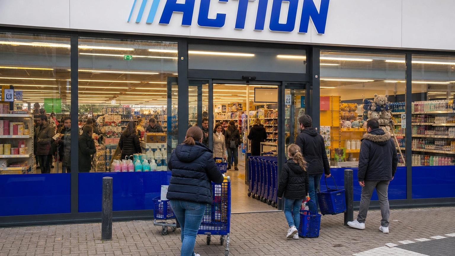 Intérieur d'un magasin Action avec des rayons colorés remplis d'articles variés : fournitures, décoration, produits d'entretien et loisirs créatifs, clients parcourant les allées.