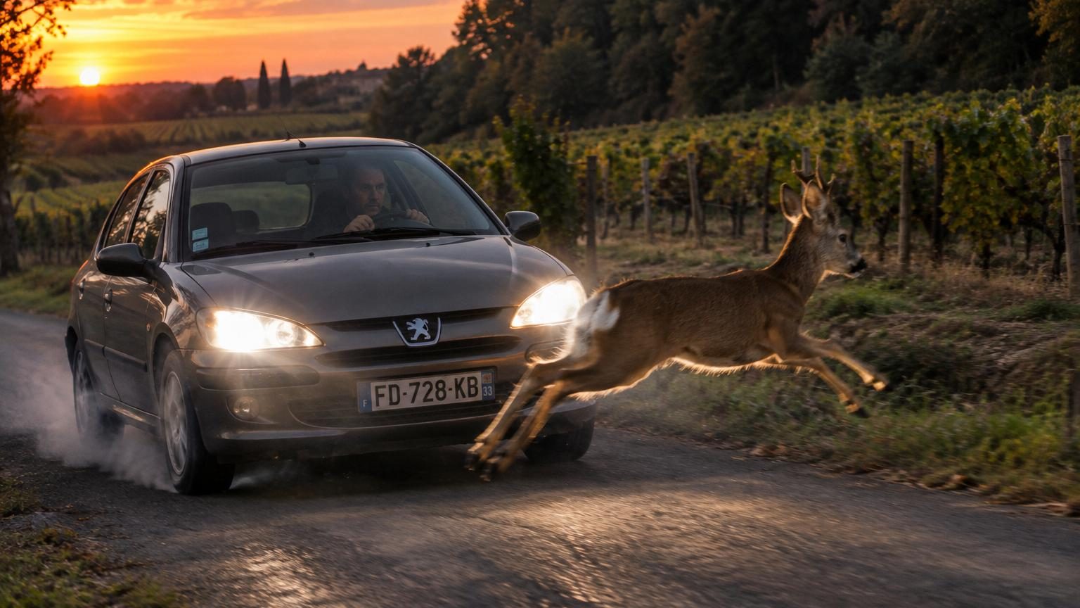 Route de campagne girondinoise bordée de fossés boisés au coucher du soleil, un chevreuil surgissant devant les phares d'une voiture sur une courbe légère.